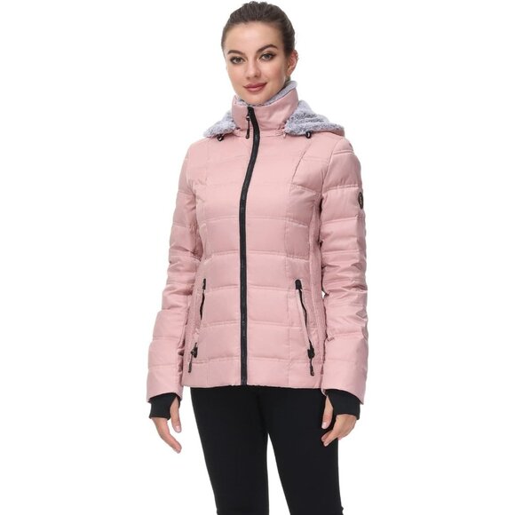 π Women Pink Down Puffer Jacket Warm Winter Coat Faux-Fur Collar Hooded Comfort - Picture 1 of 7